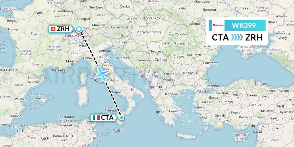 WK399 Edelweiss Air Flight Map: Catania to Zurich