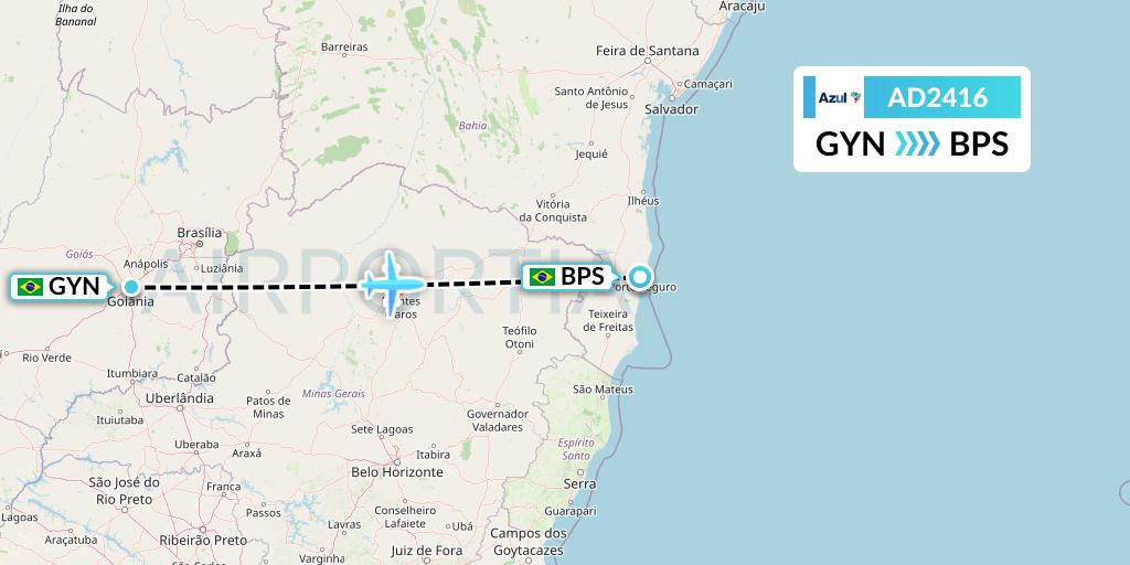 AD2416 Azul Brazilian Airlines Flight Map: Goiania to Porto Seguro