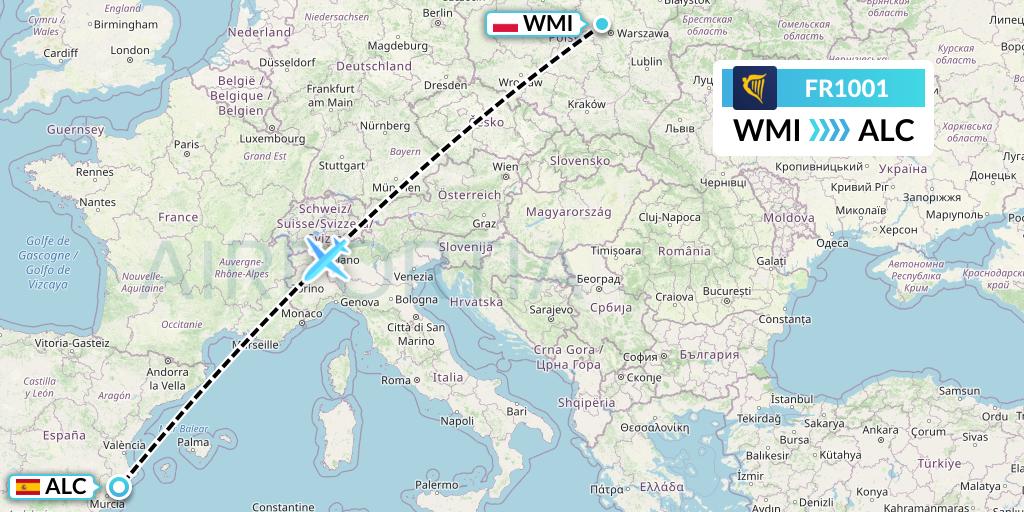 FR1001 Ryanair Flight Map: Warsaw to Alicante