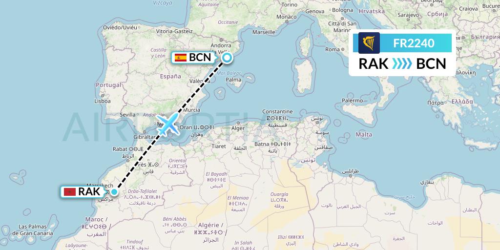 FR2240 Ryanair Flight Map: Marrakesh to Barcelona