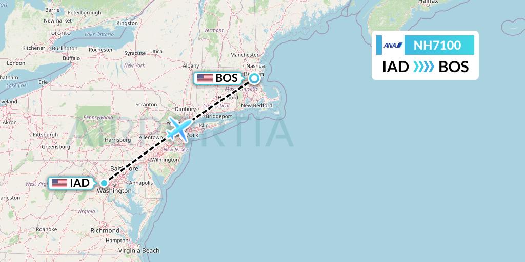NH7100 All Nippon Airways Flight Map: Washington to Boston