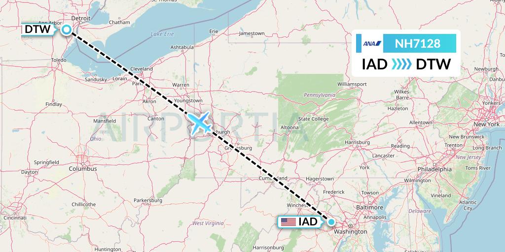 NH7128 All Nippon Airways Flight Map: Washington to Detroit