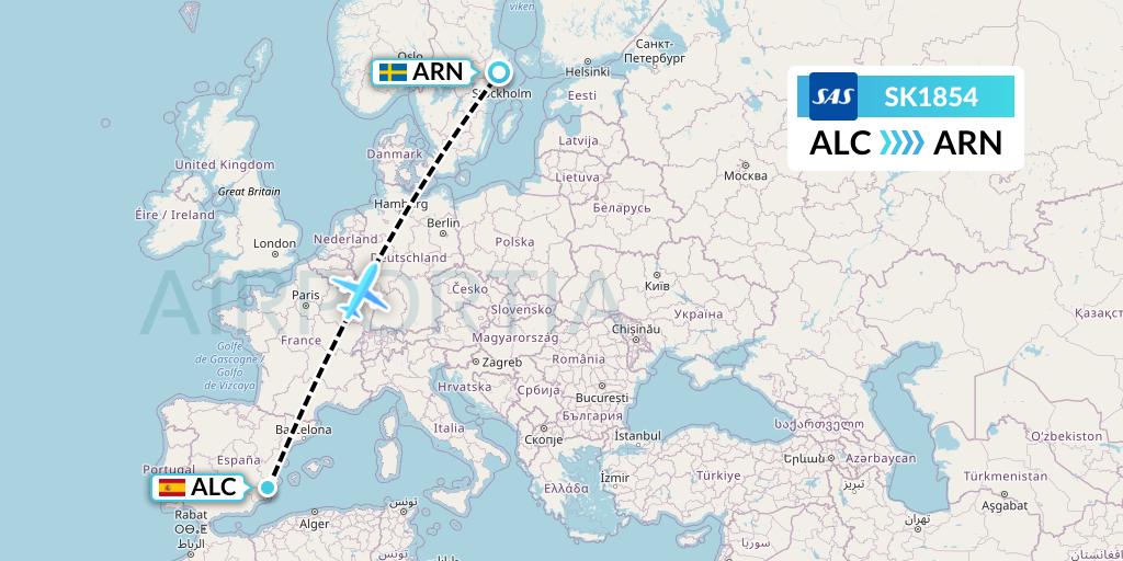 SK1854 SAS Flight Map: Alicante to Stockholm