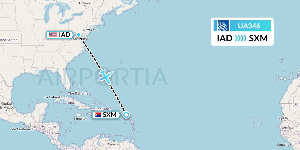 UA346 United Airlines Flight Map: Washington to Sint Maarten