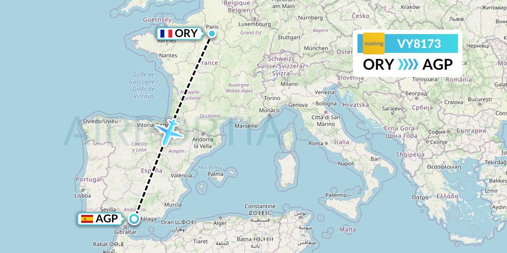 VY8173 Vueling Flight Map: Paris to Malaga