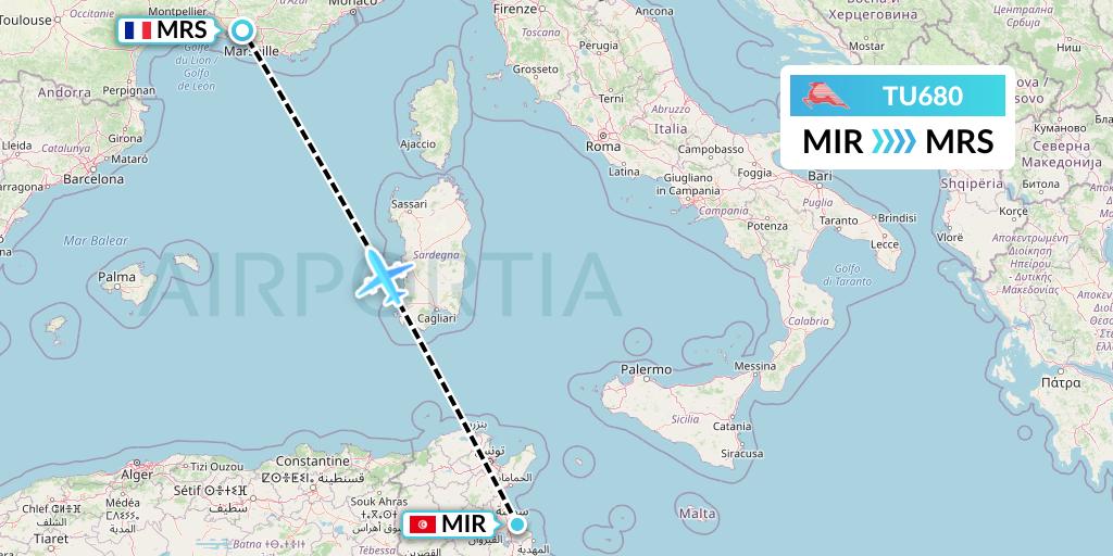 TU680 Tunisair Flight Map: Monastir to Marseille
