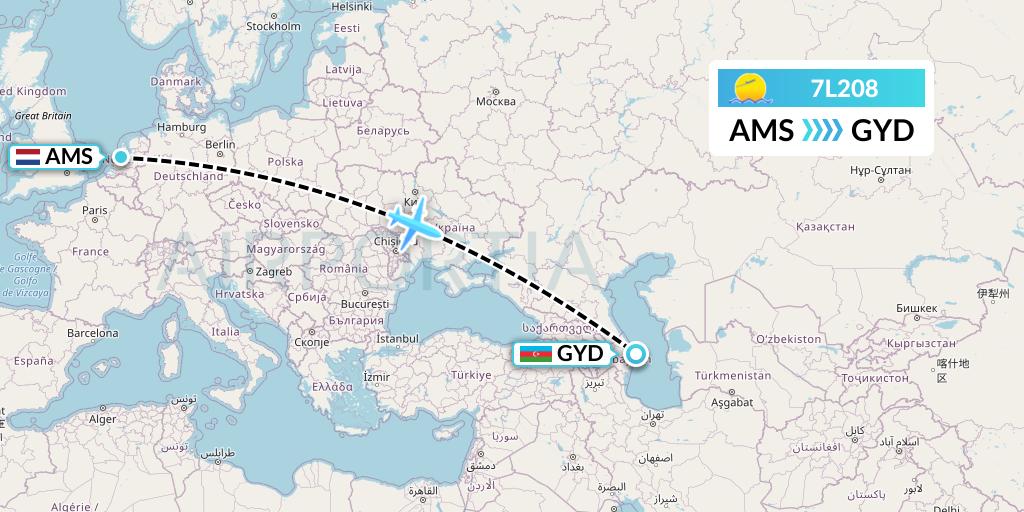 7L208 Silk Way West Airlines Flight Map: Amsterdam to Baku