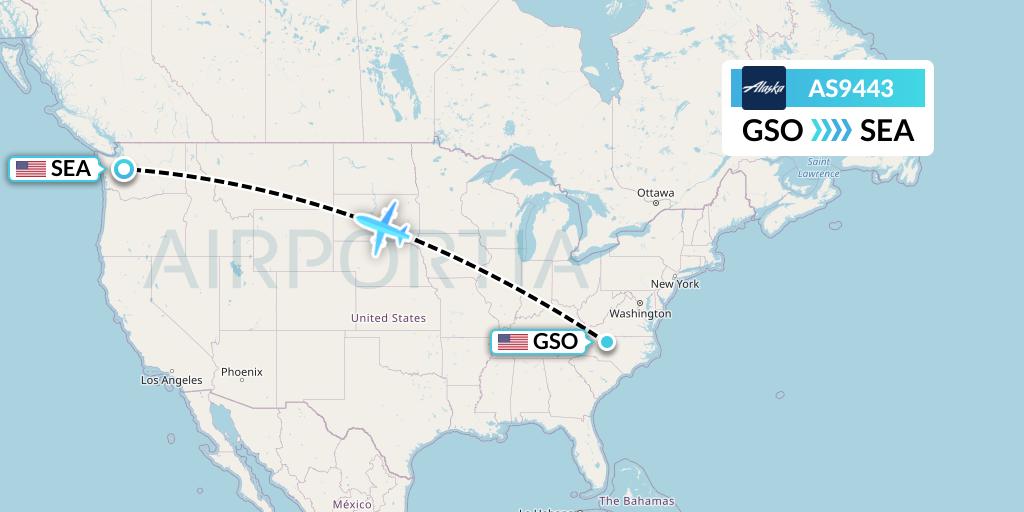 AS9443 Alaska Airlines Flight Map: Greensboro to Seattle