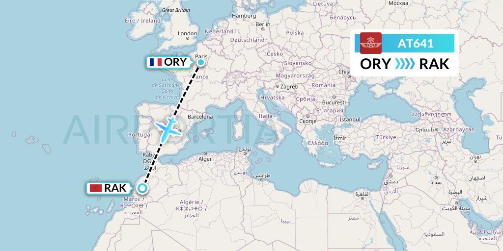 AT641 Royal Air Maroc Flight Map: Paris to Marrakesh 