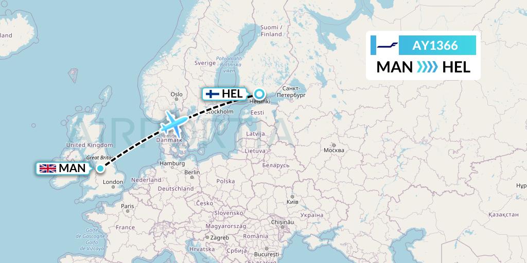 AY1366 Finnair Flight Map: Manchester to Helsinki