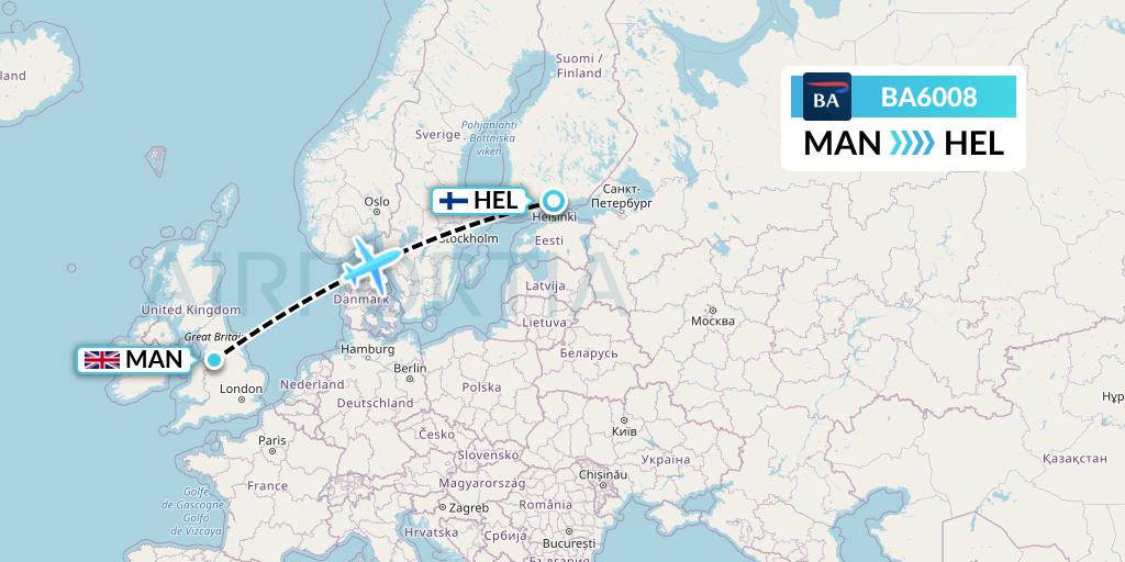 BA6008 British Airways Flight Map: Manchester to Helsinki