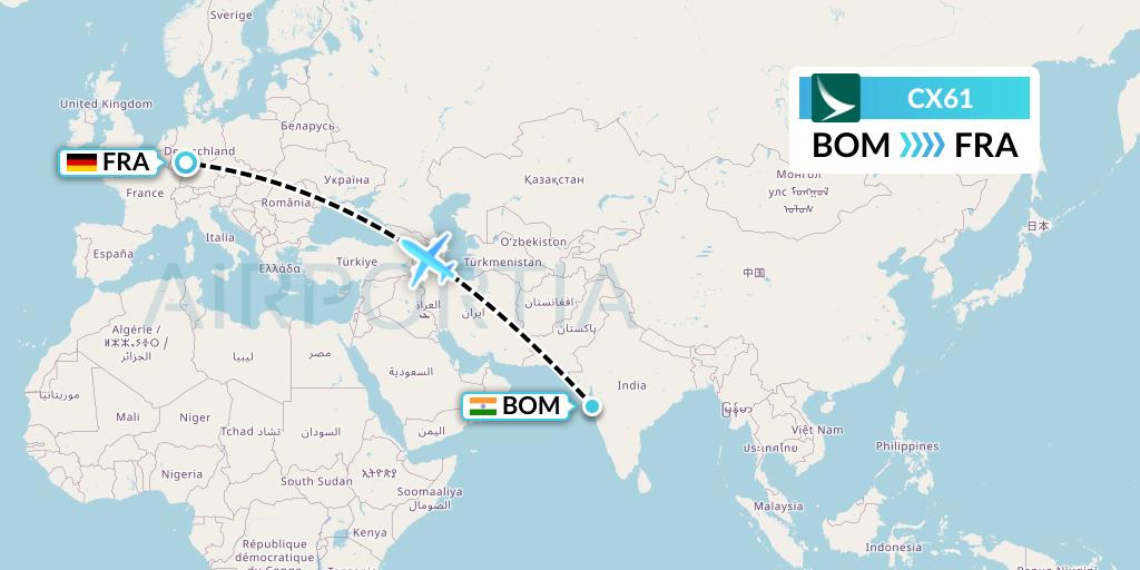 CX61 Cathay Pacific Flight Map: Mumbai to Frankfurt