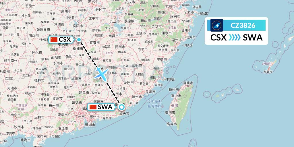 CZ3826 China Southern Airlines Flight Map: Changsha to Jieyang