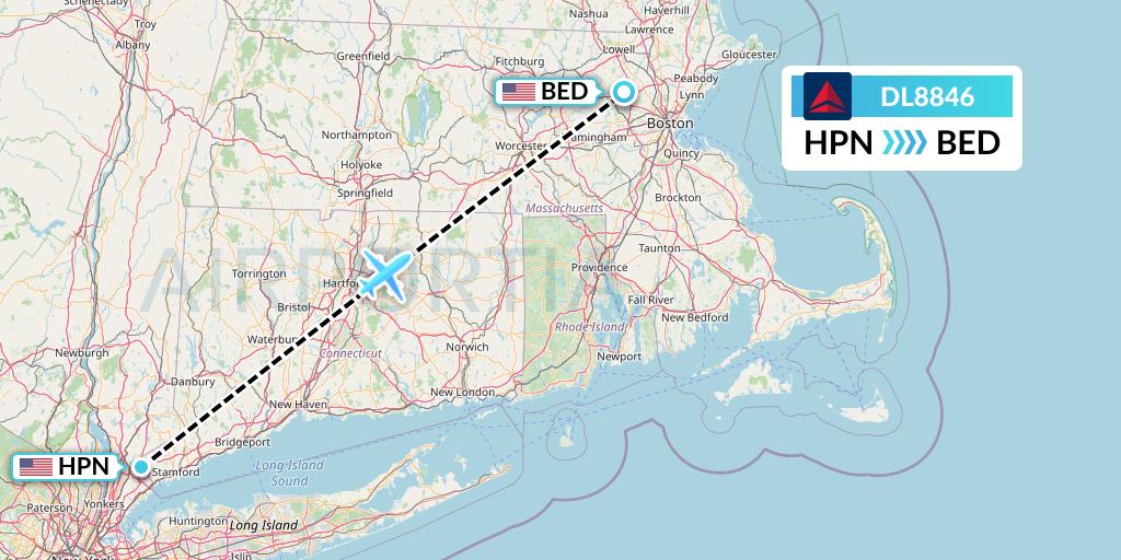DL8846 Delta Air Lines Flight Map: White Plains to Bedford