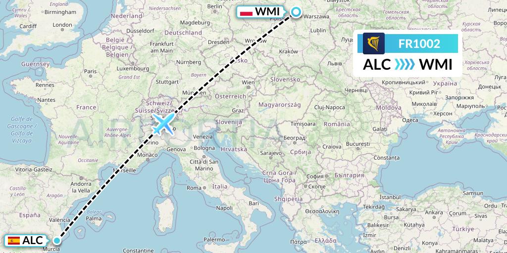 FR1002 Ryanair Flight Map: Alicante to Warsaw