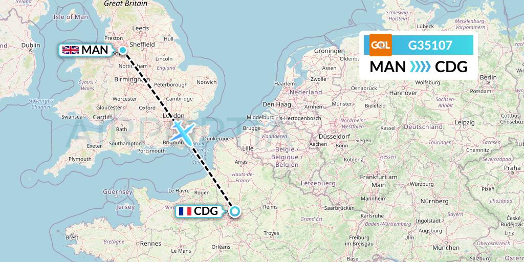 G35107 GOL Transportes Aeros Flight Map: Manchester to Paris