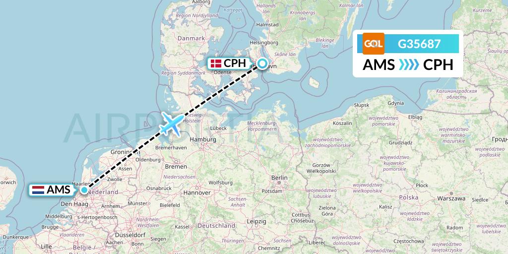 G35687 GOL Transportes Aeros Flight Map: Amsterdam to Copenhagen