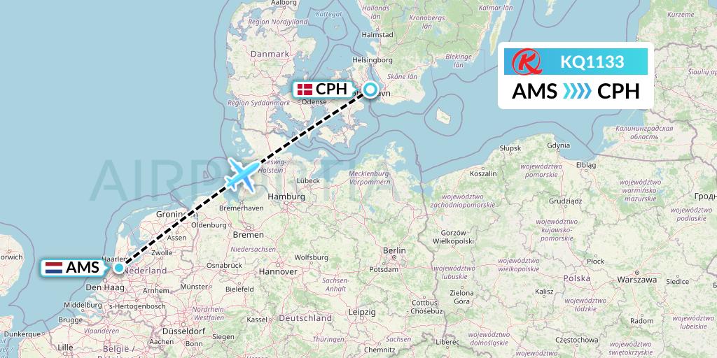 KQ1133 Kenya Airways Flight Map: Amsterdam to Copenhagen