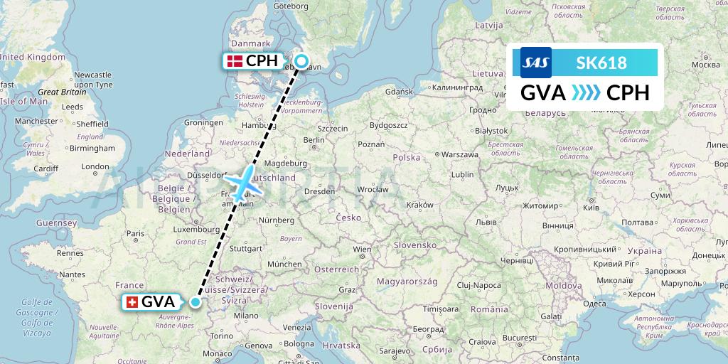 SK618 SAS Flight Map: Geneva to Copenhagen