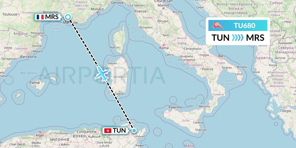 TU680 Tunisair Flight Map: Tunis to Marseille
