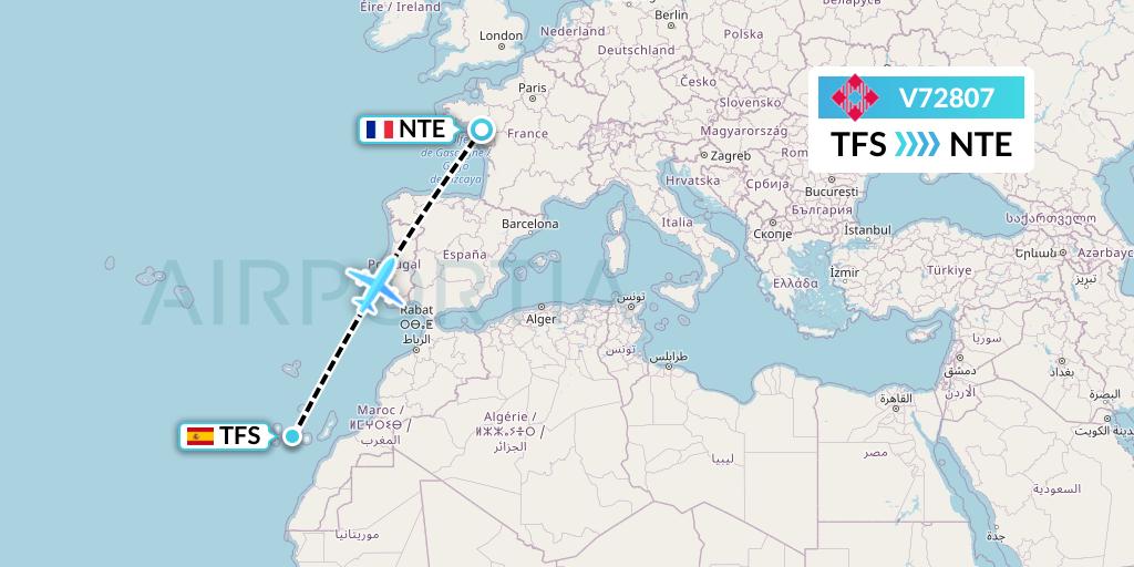 V72807 Volotea Flight Map: Tenerife to Nantes