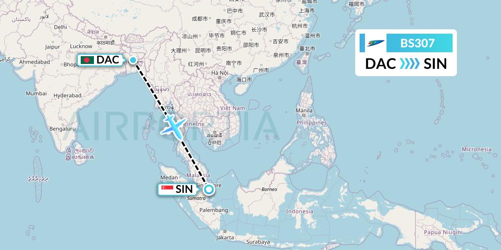 BS307 US-Bangla Airlines Flight Map: Dhaka to Singapore
