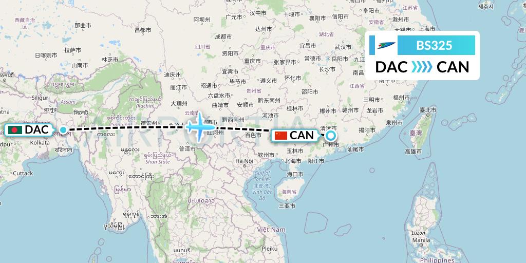 BS325 US-Bangla Airlines Flight Map: Dhaka to Guangzhou