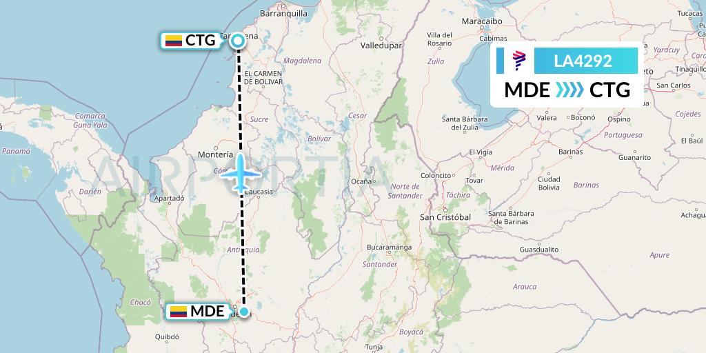 LA4292 LAN Airlines Flight Map: Medellin to Cartagena
