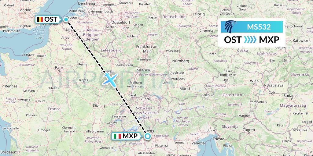 MS532 EgyptAir Flight Map: Ostend to Milan