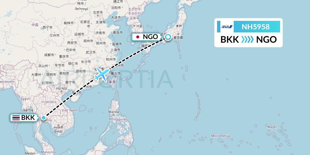 NH5958 All Nippon Airways Flight Map: Bangkok to Nagoya