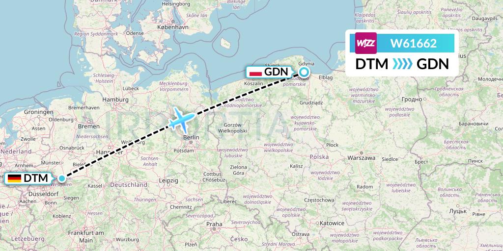 W61662 Wizz Air Flight Map: Dortmund to Gdansk