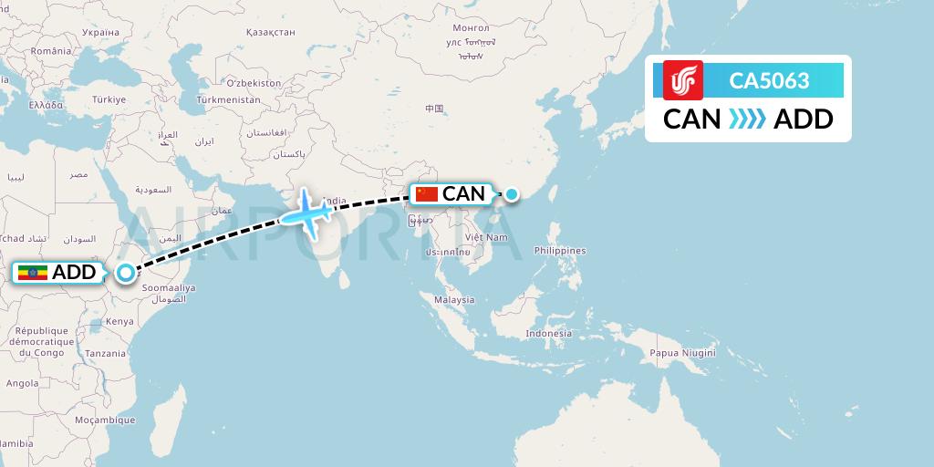 CA5063 Air China Flight Map: Guangzhou to Addis Ababa