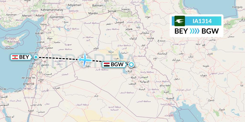 IA1314 Iraqi Airways Flight Map: Beirut to Baghdad
