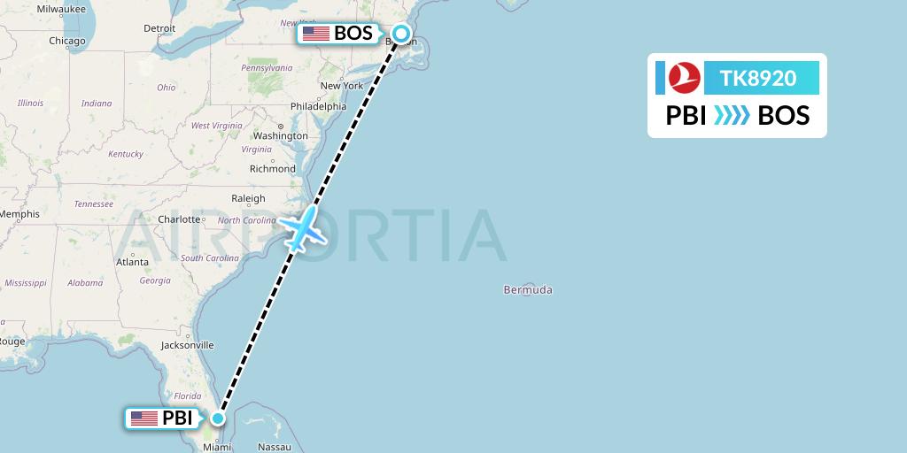 TK8920 Turkish Airlines Flight Map: West Palm Beach to Boston