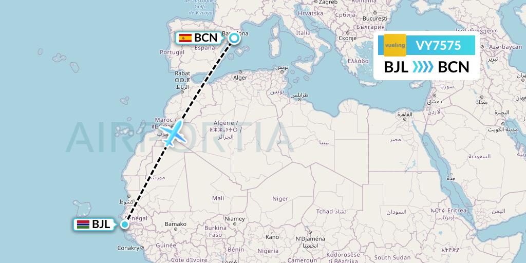 VY7575 Vueling Flight Map: Banjul to Barcelona