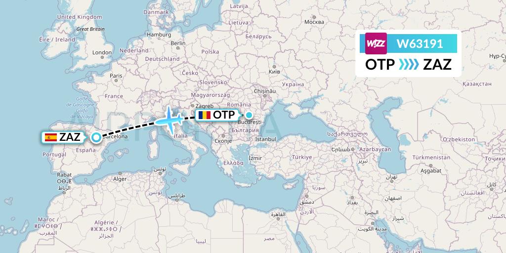 W63191 Wizz Air Flight Map: Bucharest to Zaragoza