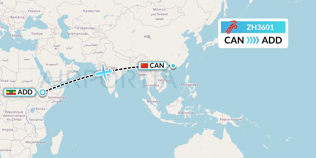 ZH3601 Shenzhen Airlines Flight Map: Guangzhou to Addis Ababa