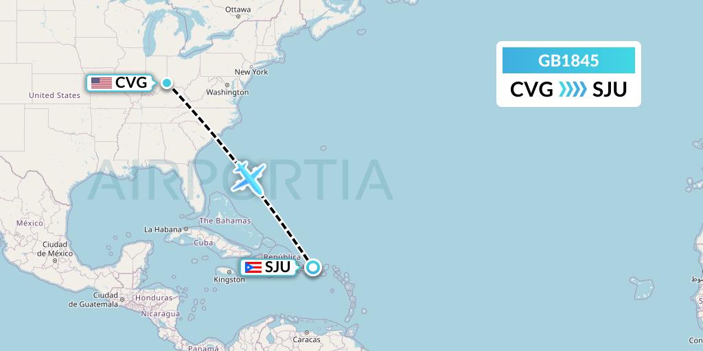 GB1845 ABX Air Flight Map: Cincinnati to San Juan