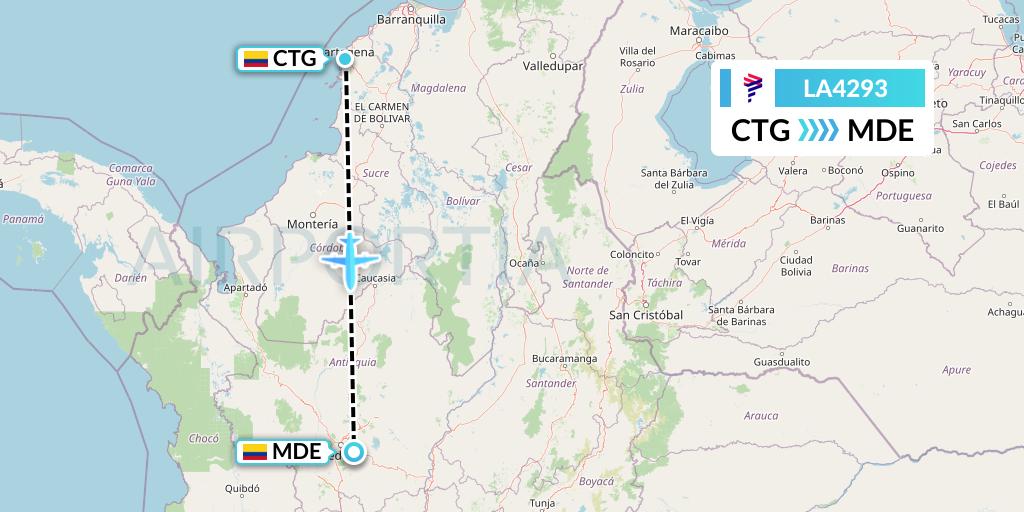 LA4293 LAN Airlines Flight Map: Cartagena to Medellin