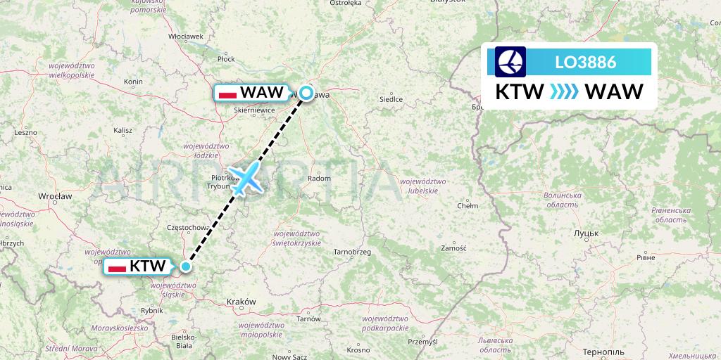 LO3886 LOT Flight Map: Katowice to Warsaw