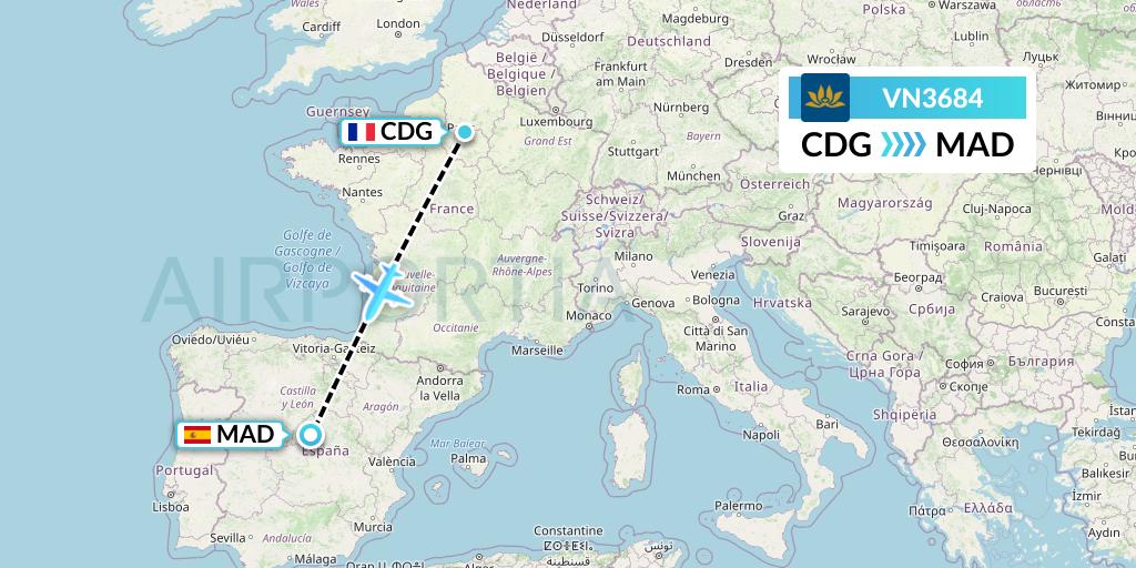 VN3684 Vietnam Airlines Flight Map: Paris to Madrid
