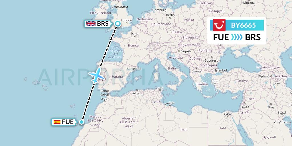 BY6665 TUI Airways Flight Map: Fuerteventura to Bristol