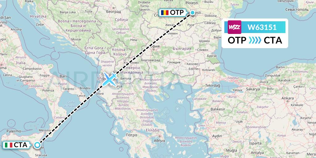 W63151 Wizz Air Flight Map: Bucharest to Catania