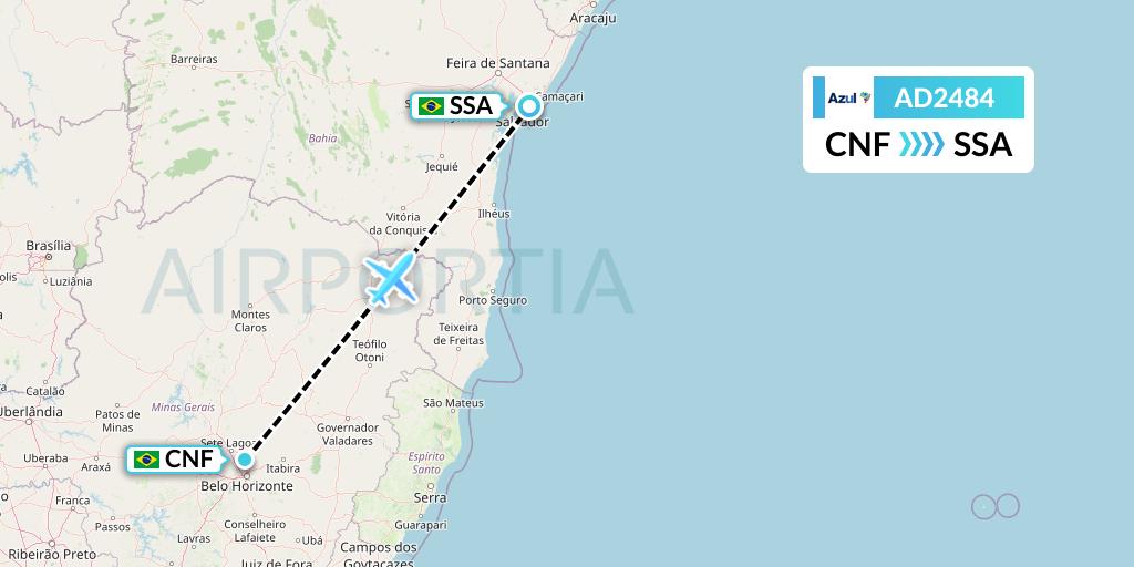 AD2484 Azul Brazilian Airlines Flight Map: Belo Horizonte to Salvador
