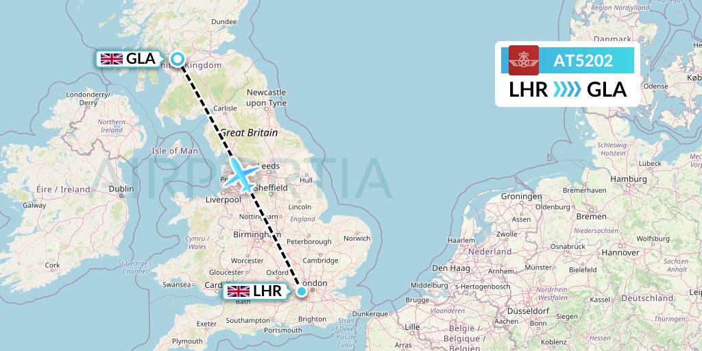 AT5202 Royal Air Maroc Flight Map: London to Glasgow