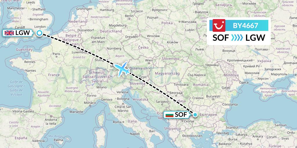 BY4667 TUI Airways Flight Map: Sofia to London