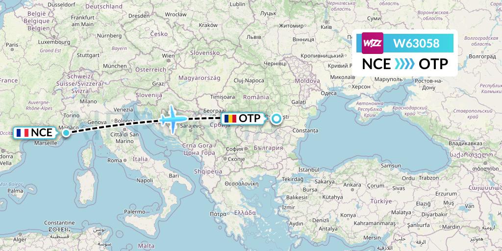 W63058 Wizz Air Flight Map: Nice to Bucharest