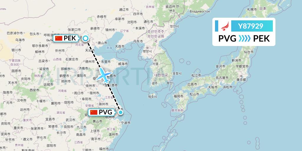 Y87929 Yangtze River Express Flight Map: Shanghai to Beijing