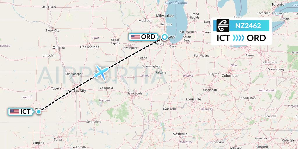 NZ2462 Air New Zealand Flight Map: Wichita to Chicago