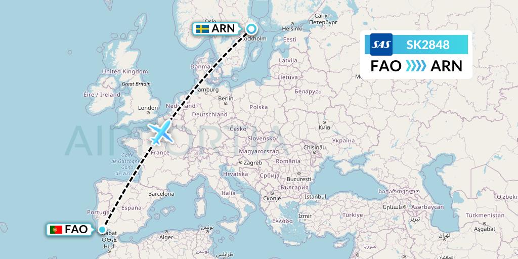 SK2848 SAS Flight Map: Faro to Stockholm